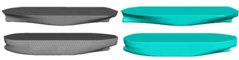 Triangle surface meshes and iso-surface (？3=0.5) of calculated body volume fraction for S175 containership (upper) and KVLCC2 (lower)