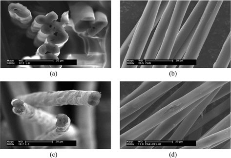 Scanning electron micrographs (×3000) of the carbonized fibers at 120℃: (a) and (b) P-CAR, (c) and (d) P-Cel 40(1.5)-CAR. CAR: carbonization.