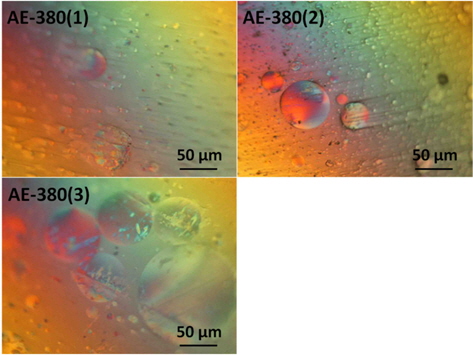 Polarized light optical microscopic images of synthesized petroleum pitches. AE: aromatic extract.