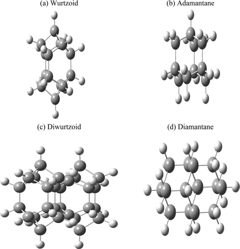 Structure comparison of (a) wurtzoid, (b) adamantane, (c) diwurtzoid, and (d) diamantane. Gray and white balls are carbon and hydrogen atoms, respectively.