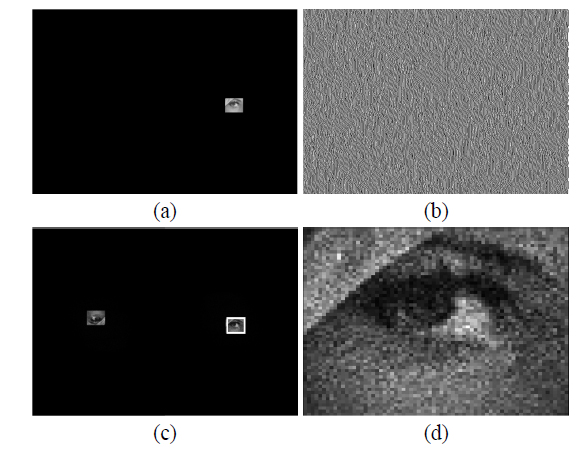 Numerical reconstruction from a single binary hologram. (a) Narrowly band-limited target image. (b) Binary hologram and (c) reconstruction image. (d) Enlarged image of rectangular area in Fig. 3(c).