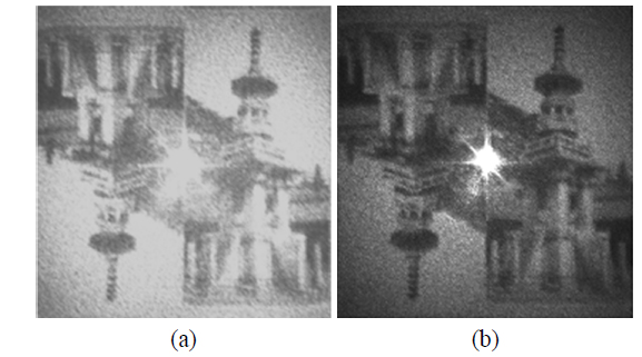 Optical reconstruction images (a) from a single binary hologram and (b) from binary holograms generated by segmentation algorithm.