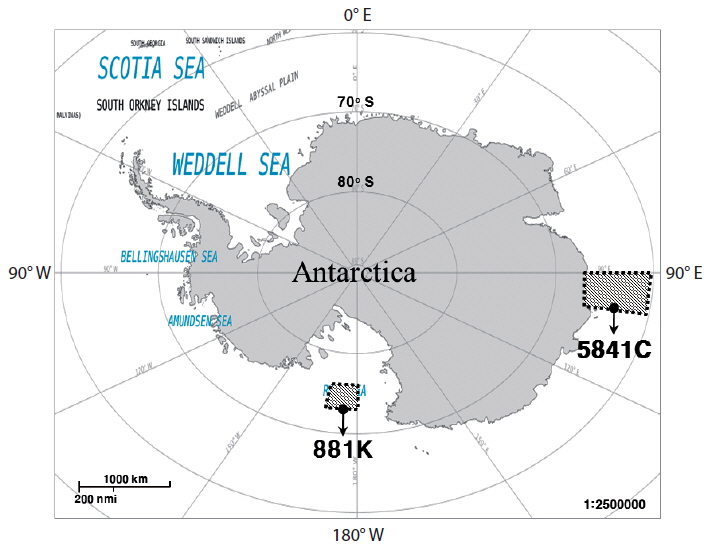 Sampling locations in the Antarctica Ocean. A, CCAMLR Subarea 881K; B, CCAMLR Subarea 5841C.