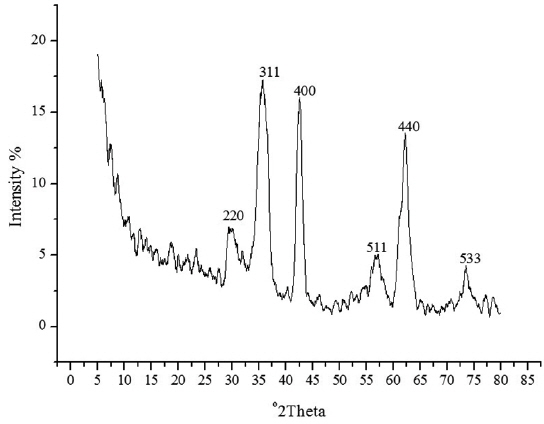 X-ray diffraction pattern of Fe3O4-oleic acid NPs.