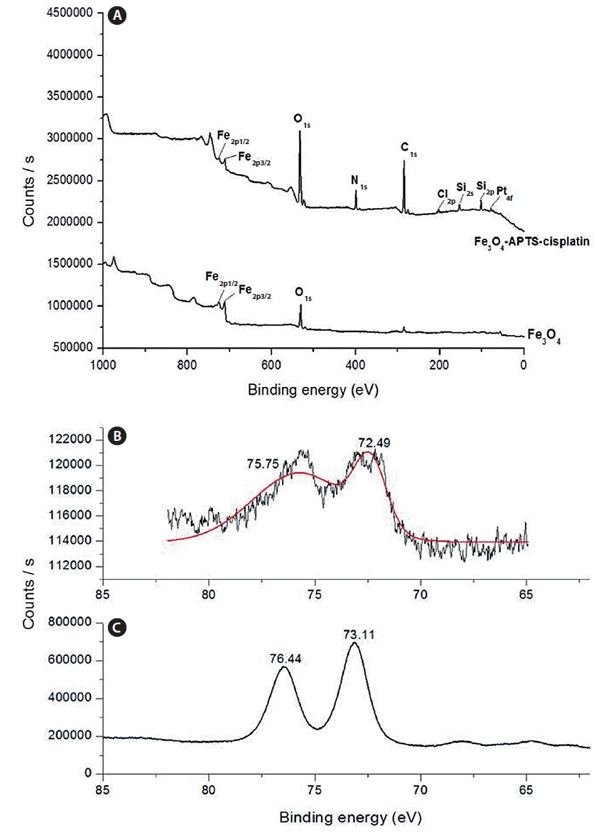 (A), XPS spectra of Fe3O4 NPS and Fe3O4-APTS-cisplatin; (B), Pt4f peaks of Fe3O4-APTS-cisplatin; (C), Pt4f peaks of pure cisplatin.