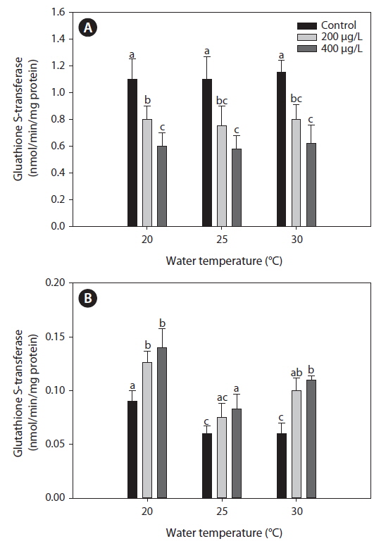 Glutathione S-transferase (GST) activities in liver (A) and gill (B) tissues tilapia O. niloticus exposed to various arsenic concentrations at 20, 25 and 30℃ for twenty-days. Each point represents a mean value ± S.D of three replicates. Vertical bar denotes a standard error (n = 10). Values with different superscript are significantly different (P < 0.05) as determined by Duncan’s multiple range test.