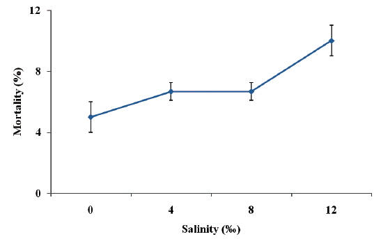 Effects of different salinity levels on mortality rate of juvenile ship sturgeon Acipenser nudiventris after 10 days. Values are means ± S.E.M. Data values with different letters are significantly different (P < 0.05). The lack of superscript letter indicates no significant differences among treatments.