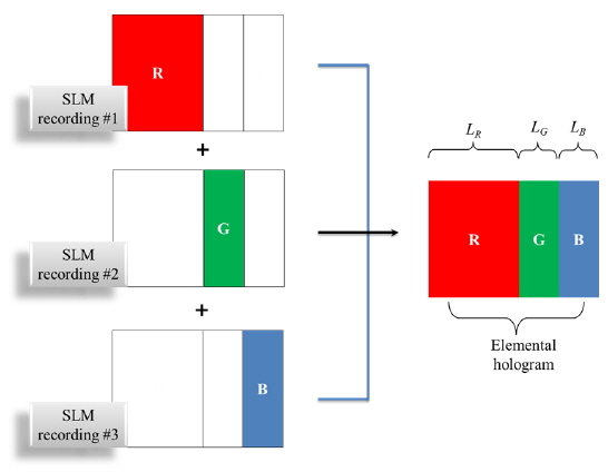 SLM partitioning with adaptive size of CGH subareas corresponding to primary colors.