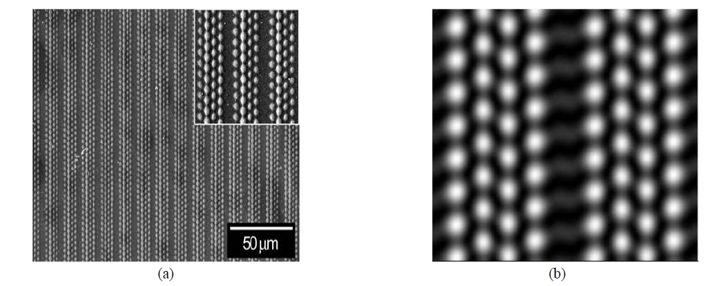 (a) SEM image of 2D sample with periodic line defect. Top-right inset is a close-up of the sample. (b) Computer simulation interference pattern of 2D PC optical configuration.