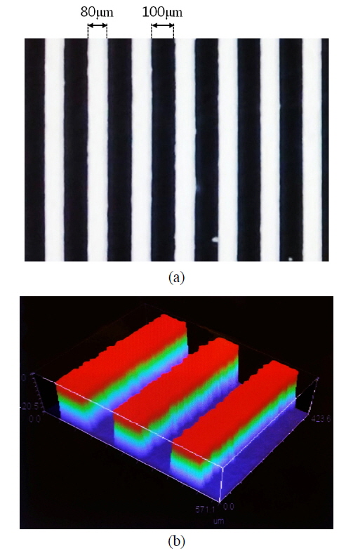 (a) The microscopic image of the reflective white pattern having 80 μm width and 100 μm spacing. (b) The three-dimensional view of the reflective white pattern, obtained using the WYKO white-light interferometer. The pattern height is 46.5 μm.
