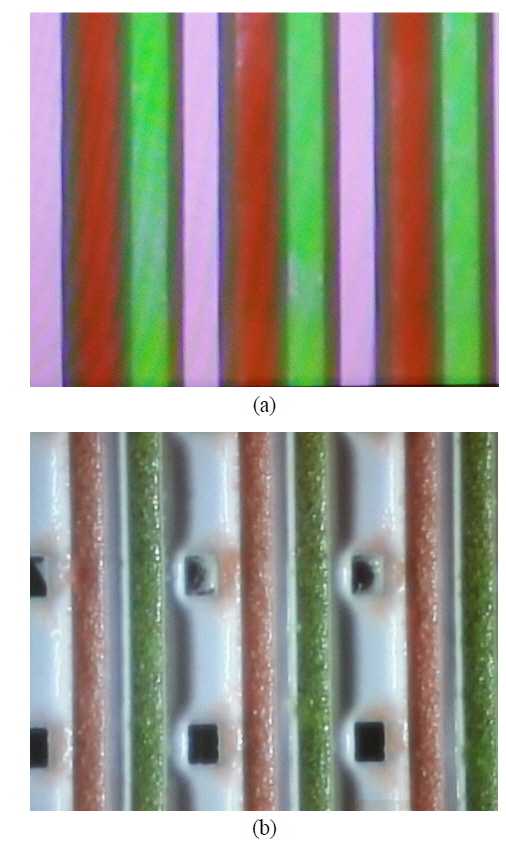 Color images of the reflective white patterns having red and green phosphors filled between the white structures of (a) the linear bar array and (b) the linear bar array containing the rectangular apertures.