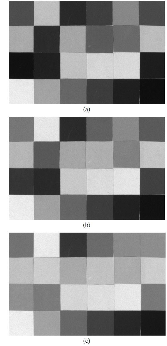 A set of monochrome images of the target color objects obtained experimentally with the illumination of (a) P(λ)700, P(λ)780 and P(λ)860.