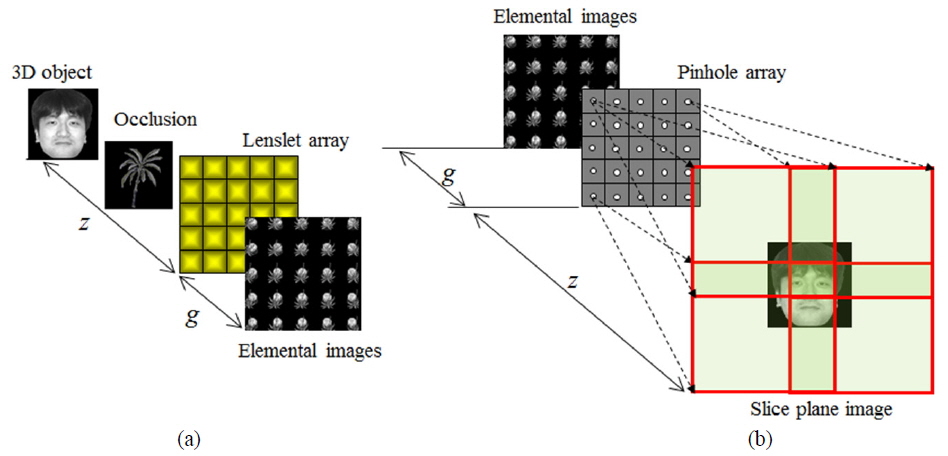 Principles of computational integral imaging: (a) pickup, (b) reconstruction.