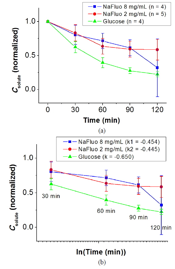 (a) Concentrations of NaFluo and glucose during PET. (b) Concentration profiles of solutes with time in logarithmic scale.