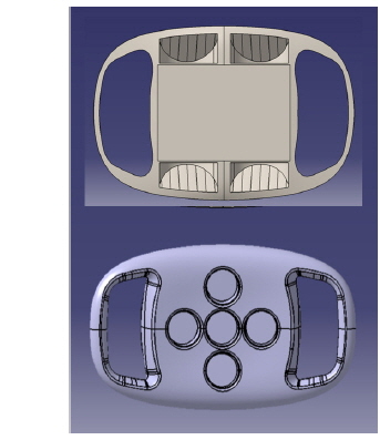 Comparison of the multimedia embedded LED dental astral lamp (up) with the conventional LED astral lamp (down). Note that the conventional LED astral lamp does not have any space for the multimedia display.