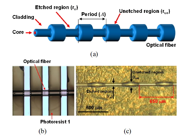 (a) Structure of the proposed LPFG based on the SMF, (b) photograph of the SMF with symmetrical and periodic photoresist patterns after the developing process, and (c) photograph of the fabricated LPFG based on the SMF measured using an optical microscope