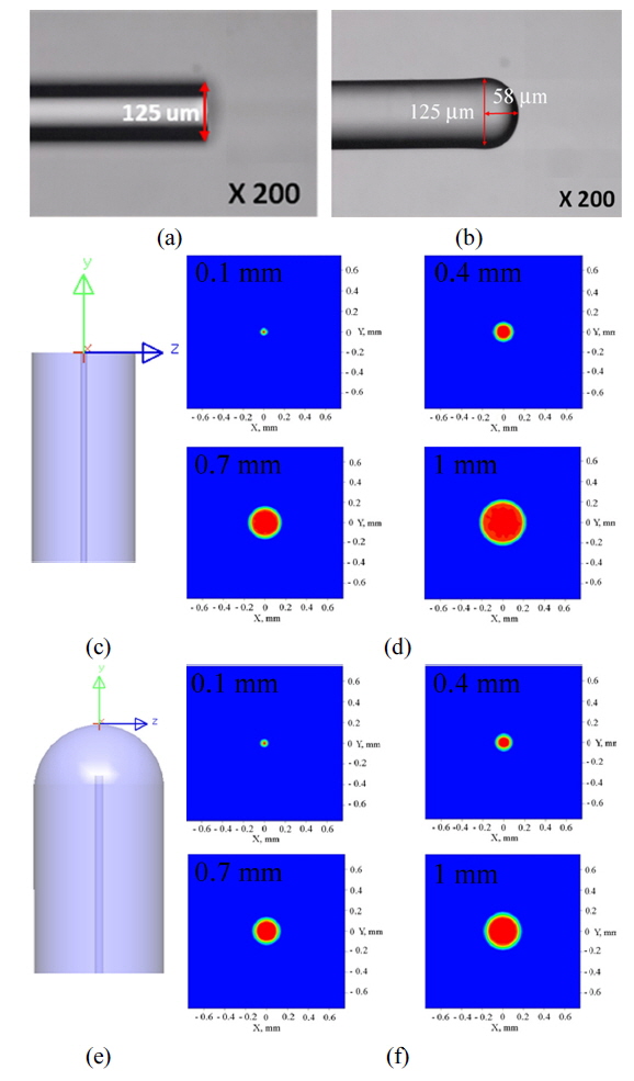 (a) Side view of a single-mode optical fiber; (b) side view of the plano-convex micro-lensed fiber; (c) unmodified optical fiber during simulation; (d) beam profile of light at different positions coming out from the unmodified single-mode fiber of Fig. 2(c); (e) plano-convex optical fiber during simulation; (f) beam profile of light at different positions coming out from the plano-convex fiber of Fig. 2(e).