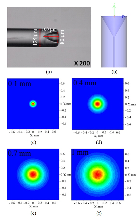 (a) Side view of the conical-shape micro-lensed fiber; (b) conical-shape micro-lensed fiber during simulation; (c-f) beam profile of light after 0.1 mm, 0.4 mm, 0.7 mm, and 1 mm distance from the end face of the conical-shape fiber tip.