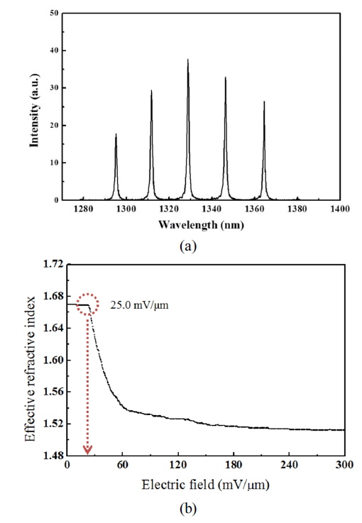 (a) Optical spectrum of the transmitted output from the NLC FP etalon of thickness 30.6 μm; (b) effective refractive index of the NLC as a function of the applied electric field for the 30.6-μm-thick etalon.
