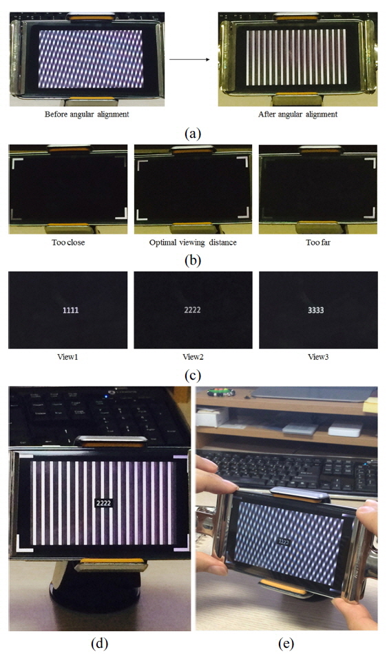 Experimental results of the calibration with the proposed alignment pattern on the 3-view slanted parallax barrier system with a pentile display: (a) angular calibration with the proposed angular alignment pattern (white lines), (b) axial calibration with the proposed axial alignment pattern (4 mark images at the corner), (c) lateral calibration with the proposed lateral alignment pattern (image of numbers at the center), (d) after angular, axial, and lateral calibration, and (e) example of the calibration process with two hands.