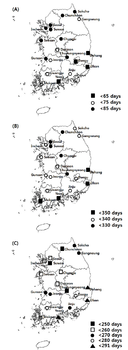 The mean day of growing season start (A), growing season end (B), and growing season length (C) from 1970 to 2013 in Korea.
