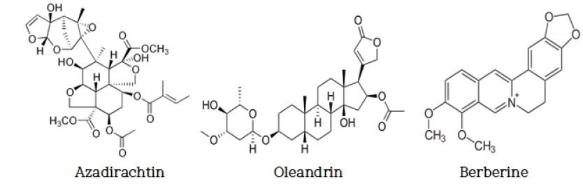The chemical structures of azadirachtin, oleandrin, and berberine.