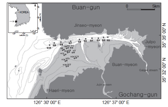 Sampling locations of sediments from Gomso Bay, Korea.