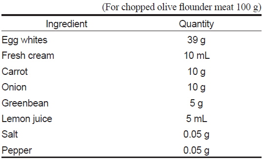 Formulas of ingredients for the preparation of olive flounder Paralichthys olivaceus balls