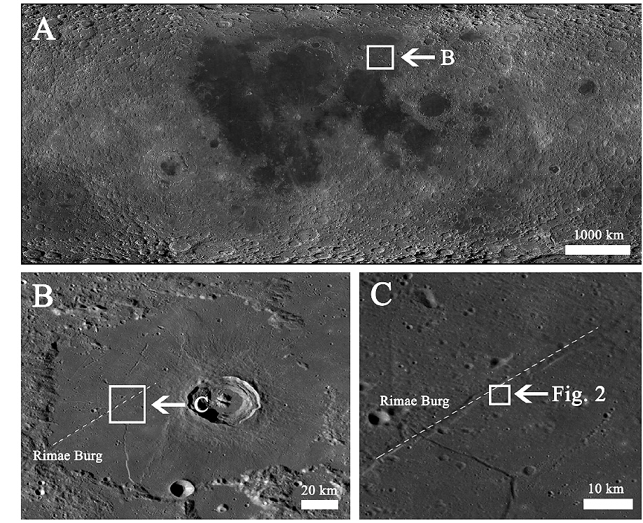 Location of Lacus Mortis pit. The location of Lacus Mortis in lunar scale (A); the location of pit in the Lacus Mortis (B); detailed look of pit location (C); Rimae Burg locates in the left of the pit in a diagonal line. (LROC ACT-REACT Quick Map: http://target.lroc.asu.edu/q3/#)