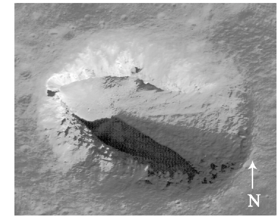 Lacus Mortis pit morphology. Image ID is M126759036L. There is a ramp in the east of the pit to enable access to the interior of the pit. (Image URL: http://wms.lroc.asu.edu/lroc/view_lroc/LRO-L-LROC-3-CDR-V1.0/M126759036LC)