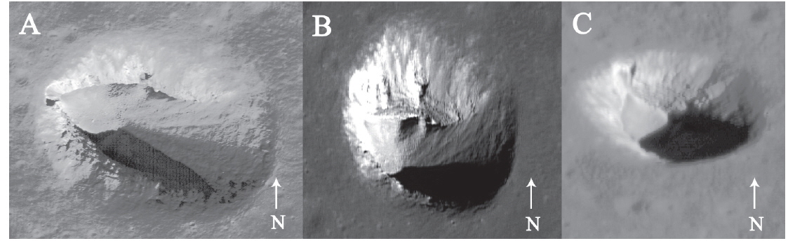The images selected for this study. The structure of the pit can be recognized according to viewing angle due to different emission angle. Image IDs are A: M126759036L, B: M1136377273R, C: M1105701957R.