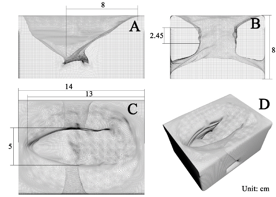 Wireframe image of 3D model. (A) indicates a sectional view against the major axis and takes similar shape shown in Fig. 5. (B) represents a sectional view against the minor axis and shows the placement of the cave. (C) shows a floor plan and shows the shape of the pit and the internal cave. (D) is an aeroview of the model and shows entire shape of the model.