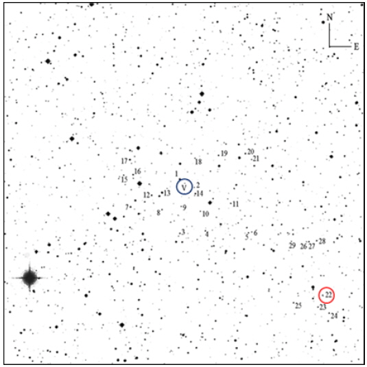 Finding chart of V1323 Her (marked with v) and reference stars (marked by numbers). Reference star 22 is VSX 1802. The size of the field is 22’x22’.