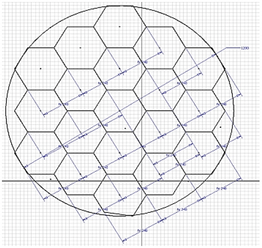 Hexagonal segment arrayed in rings.