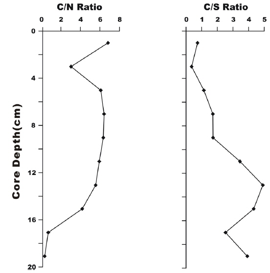 Vertical variation of C/N Ratio and C/S Ratio of core sediment.
