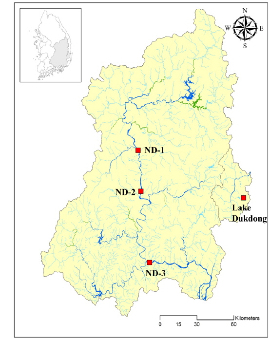 Location of monitoring stations in the Nakdong River and Lake Dukdong.