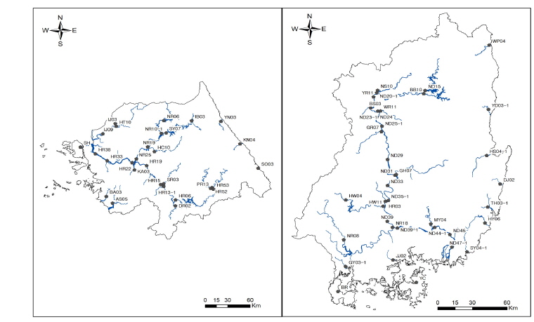 Map showing the sampling sites (Left : Han River, Right : Nakdong River).