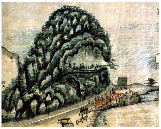 A part of the painting showing a tree in front of the Cave Temple on Mt. Sanbangsan, which was included in the Tam-Ra-Sun-Ryeok-Do (Lee 1702).