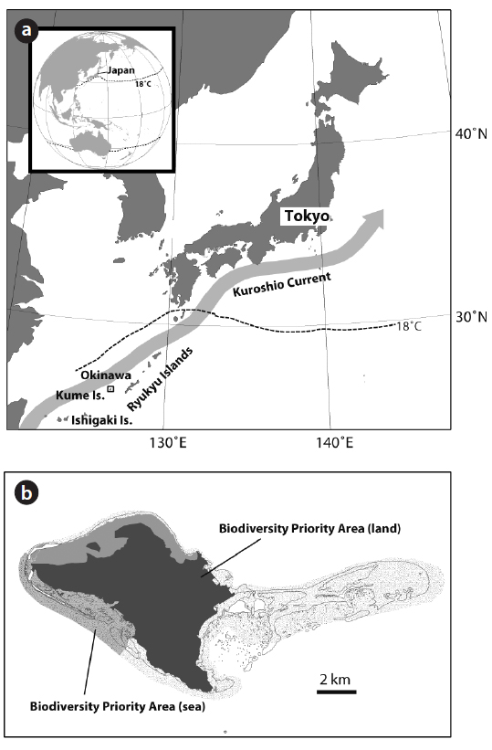 (a) Location of Ryukyu Islands and Kume Island. The 18°C isochronal lines show mean sea surface temperatures in the coldest month (February), which is a critical time for coral reef development. (b) Kume Island and Biodiversity Priority Areas determined by World Wide Fund for Nature (WWF) Japan (Yasumura 2011).