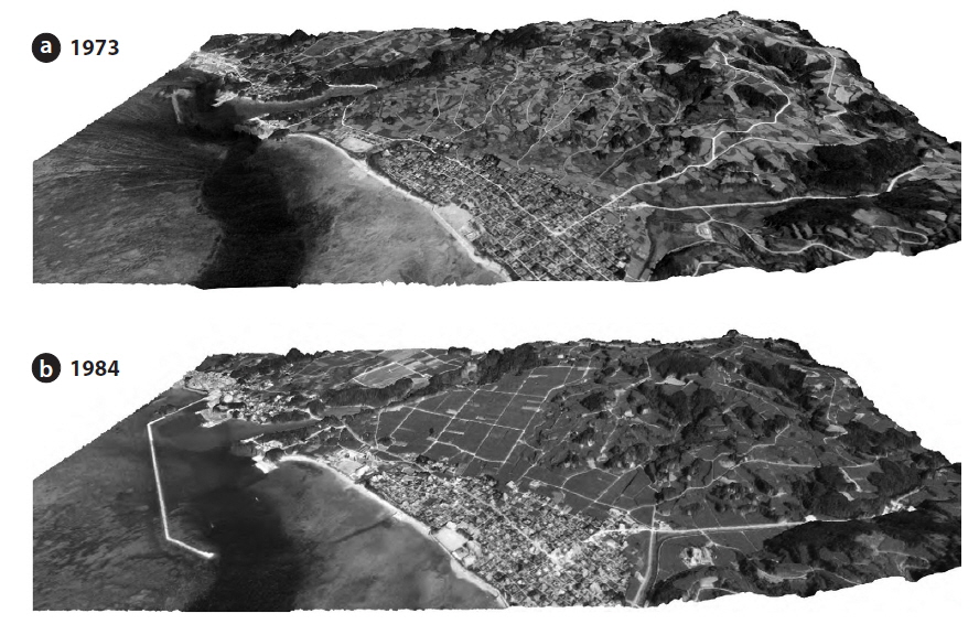 Landscapes on the south side of Kume Island reconstructed from aerial photographs from (a) 1973 and (b) 1984. Significant land modification occurred between these years.