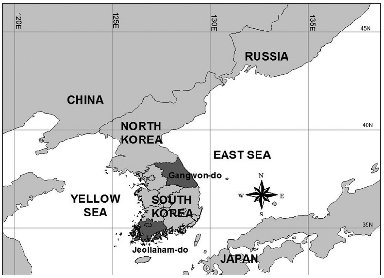 Map of Korean peninsula, including study areas of Gangwon-do and Jeollanam-do, Republic of Korea.