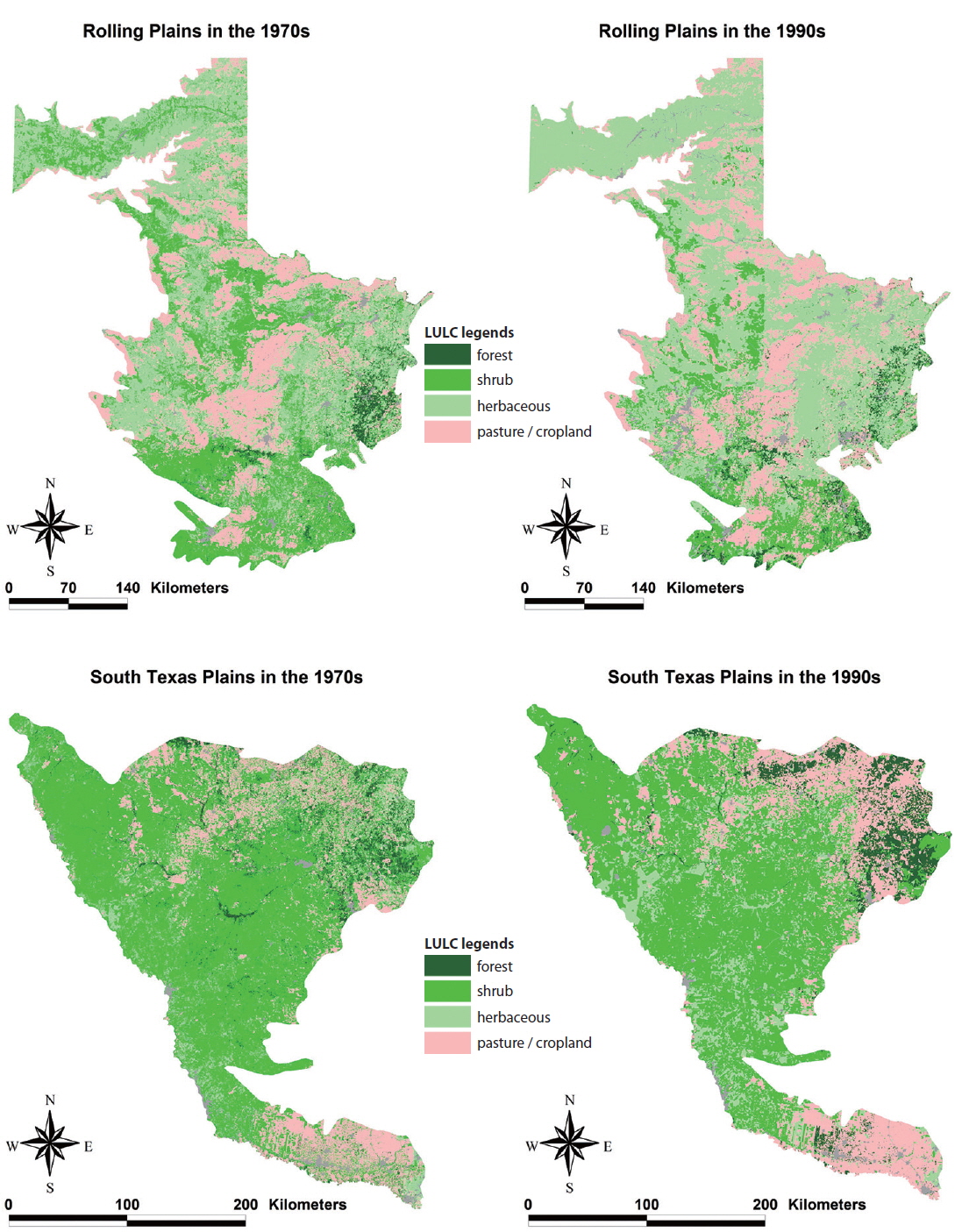 Land cover classified into forest, shrub, herbaceous, and pasture-cropland types from 1970s to 1990s of the Rolling Plains and South Texas Plains.