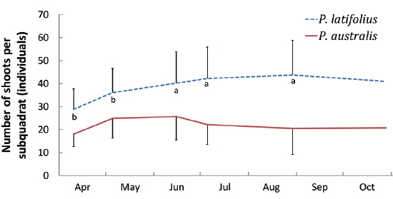 The number of the two species along the growth season on mound (shoots/subquadrat) in 2011. Subquadrat size is 50 cm x 100 cm. Vertical bars represent standard deviation; the letter “a” indicates the 0.01 level of significance and “b” indicates the 0.05 level of significance.