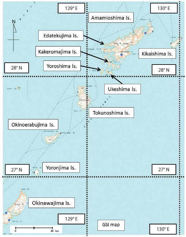 Map of Amami Gunto Islands. Amami Gunto Islands are composed of 8 inhabited islands and 1 uninhabited island, Edatekujima Island. The southernmost Island, Yoronjima Island is only about 20 km away from the northern tip of Okinawajima Island. GSI, The Geospatial Information Authority of Japan; Is, island.