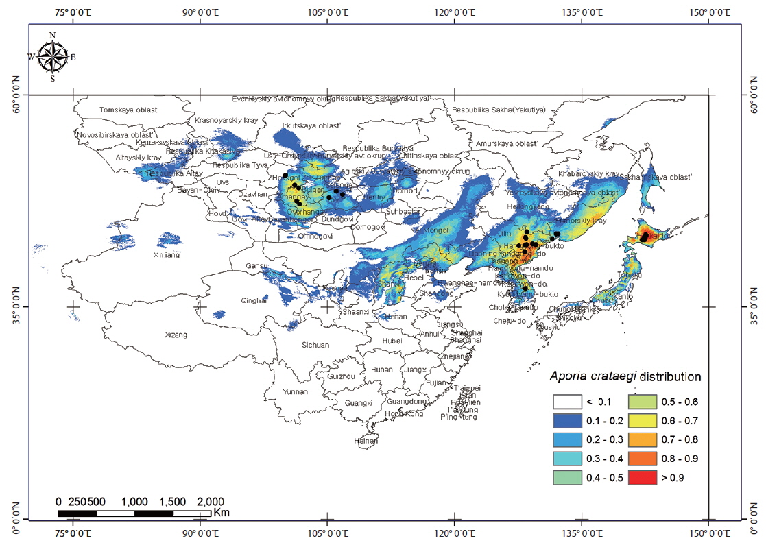 Current potential distribution of Aporia crataegi in the northeast Asia. The black spots (？) show the sampling site.