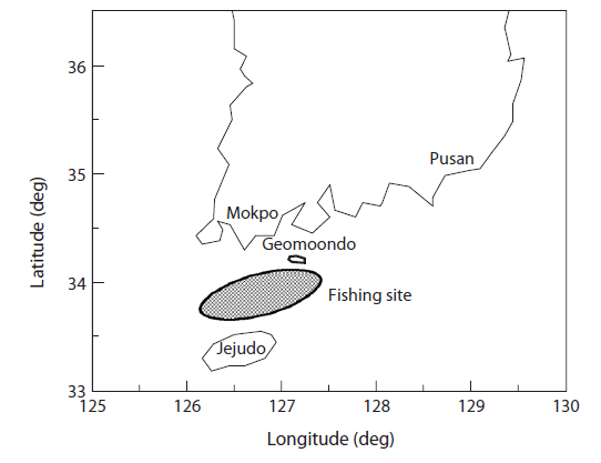 Location of the fishing trials in the western sector waters off the South Sea of the Korean peninsula.