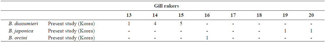 Number of gill rakers in Brama dussumieri, Brama japonica, and Brama orcini