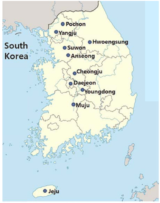 Geographical distribution of insect farms breeding P. b. seulensis and A. dichotoma in South Korea.