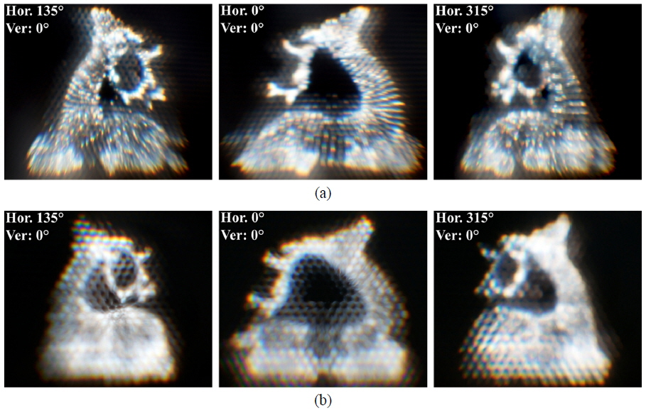 The verification of image quality enhancement for the case using an HPR operator: (a) Displayed images based on the EIAs using an HPR, which were also presented in Fig. 6, and (b) all points of the point cloud object appear and are duplicated, due to not using an HPR, from the same viewpoints.