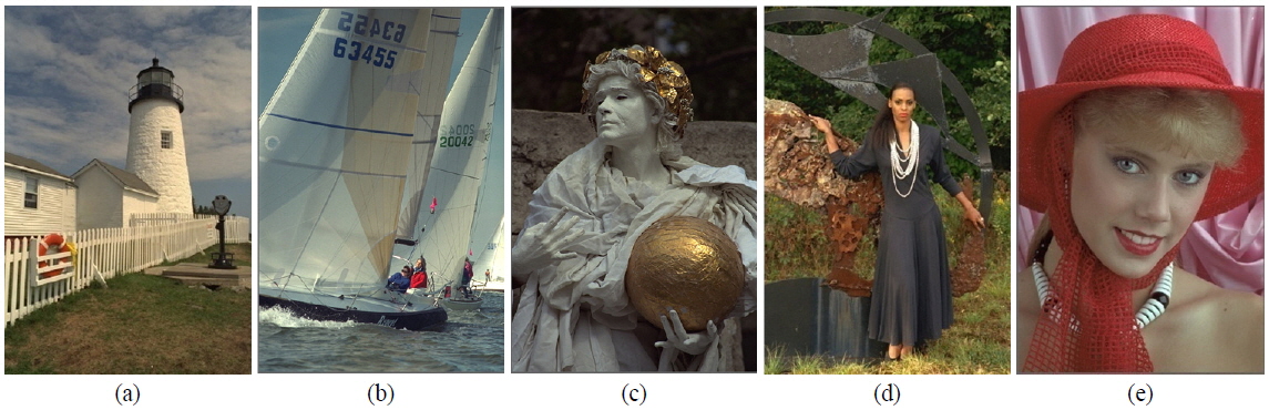 Five test images selected from the LIVE image quality assessment database.